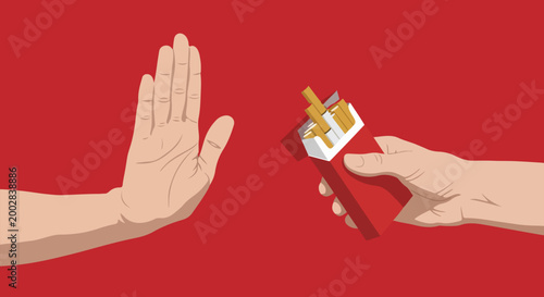 Anti-smoking concept vector, hand making stop gesture to cigarette pack, quitting smoking and tobacco addiction awareness illustration on red background