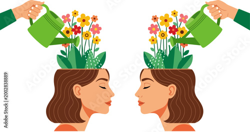 Mental health concept with hands watering flowers growing from human heads, psychological growth and self care illustration, wellness and mindfulness vector