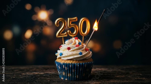 Burning sparkler on a festive 250th anniversary cupcake with stars and bokeh