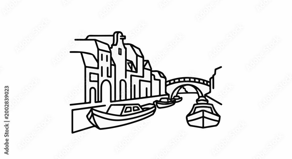 Naklejka premium Outline of buildings along a canal with a bridge and boats