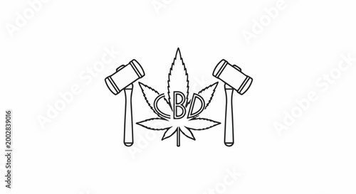 Outline of hemp leaf with CBD text and two hammers
