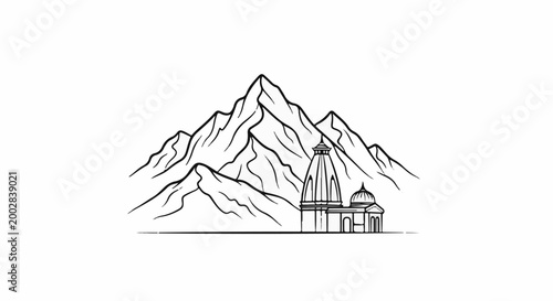 Outline of mountains with a temple structure in front