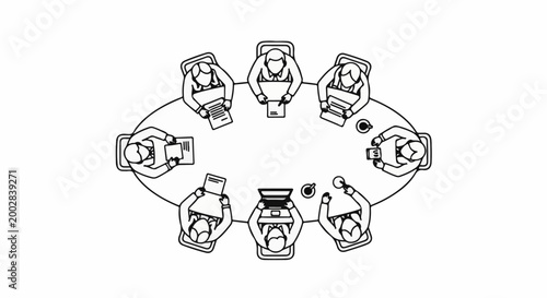 Overhead view of diverse people in business attire gathered around an oval conference table