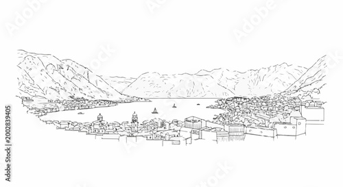 Panoramic sketch of a coastal town nestled against a mountain range and bay
