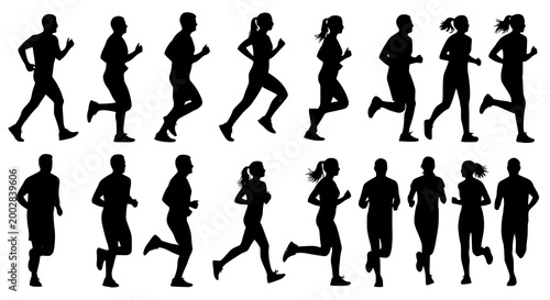 Running men and women, isolated vector silhouettes. Run, side view. Silhouettes of athletic looking male and female runners running. JPEG version.