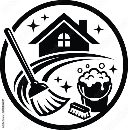 Professional house cleaning service logo with broom bucket and scrub brush icons for janitorial maintenance work.