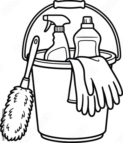 Cleaning supplies bucket with duster spray bottle and rubber gloves line art illustration for coloring.