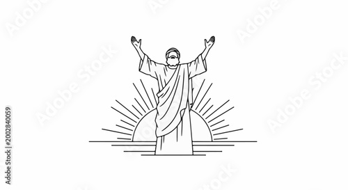 Outline of a figure with arms raised, emerging from a stylized sun