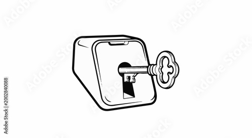 Ornate key inserted into a simple lock mechanism, isolated on a white background