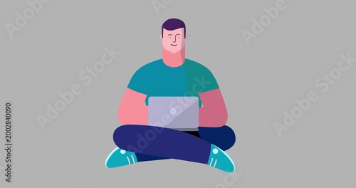 Animated man sitting yoga pose laptop isolated. Cartoon animation of businessman smiling working. Business explainer flat design people serie movie. Male position with computer work scene video.