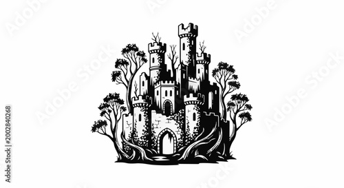 Ornate medieval castle with bare trees and arched entrance, stylized