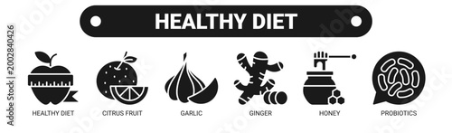 Healthy Diet web banner icon vector illustration concept with icons of healthy diet, citrus fruit, garlic, ginger, honey, and probiotics.
