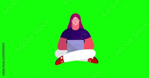 Animated woman sitting yoga pose laptop on green screen. Cartoon animation of businesswoman working. Business explainer flat design people serie movie. Female position with computer greenbox.