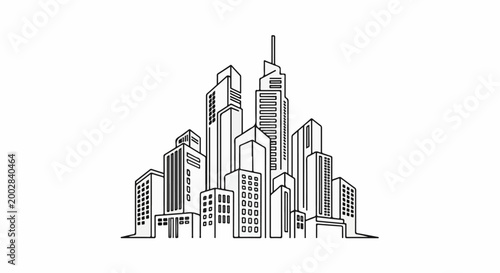 Minimalist line art of a dense cluster of varied height modern skyscrapers