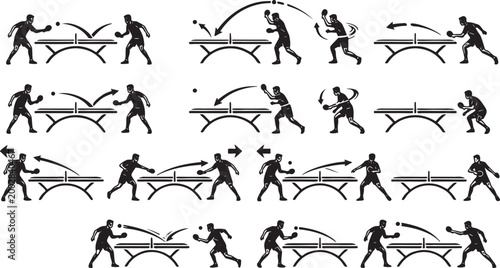 Table Tennis Match Silhouettes – Ping Pong Players, Tables, and Ball Trajectory Icons.