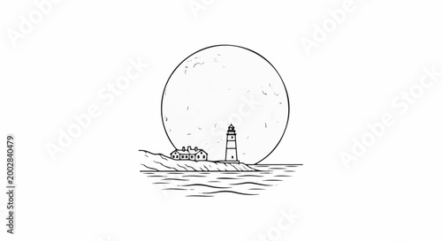Minimalist line art of a lighthouse, dwelling, and large moon over the sea