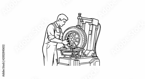 Mechanic works on a vehicle tire mounted on a balancing machine