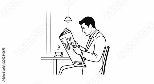Man in suit reads newspaper at cafe table with steaming coffee, overhead light