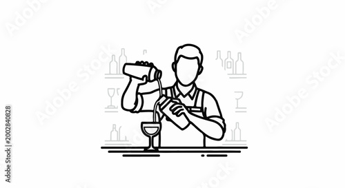 Person behind a counter pouring a drink into a glass with bottles and glasses in background