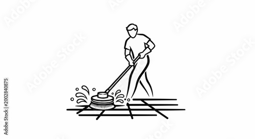 Person cleaning floor with rotary machine, splashes of water visible