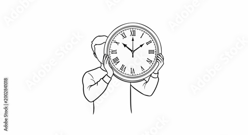 Person hiding face behind large round clock with Roman numerals