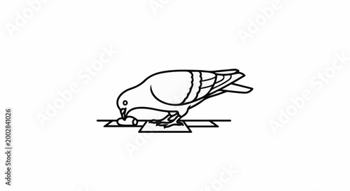 Minimalist line drawing of a pigeon pecking at a piece of food