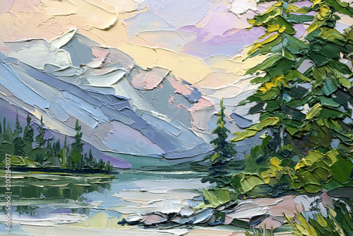 Canvastavla Mountain lake forest impasto oil painting with evergreen trees blue peaks and so