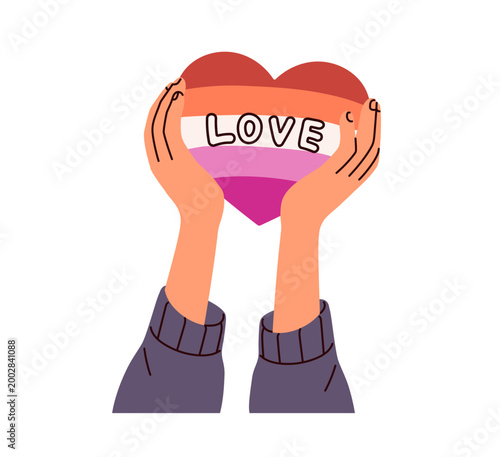 Female hands raised up, holding lesbian flag heart, homosexual girl love symb...