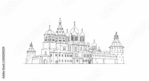 Ornate religious complex with multiple domes and towers depicted in a sketch