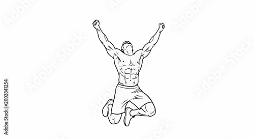 Muscular figure on knees, arms raised in triumphant pose