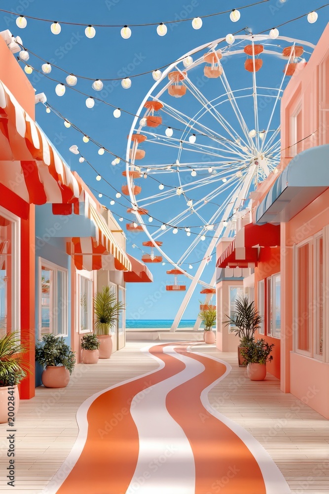 Fototapeta premium Pastel seaside boardwalk with ferris wheel, string lights and sunny carnival walkway