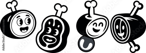 Collection of cartoon meat and steak illustrations with faces raw meat food service funny food illustration character restaurant emoticon