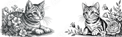 Vintage kitten surrounded by roses illustration with line art animal portrait illustration domestic adorable botanical ornamental decorative