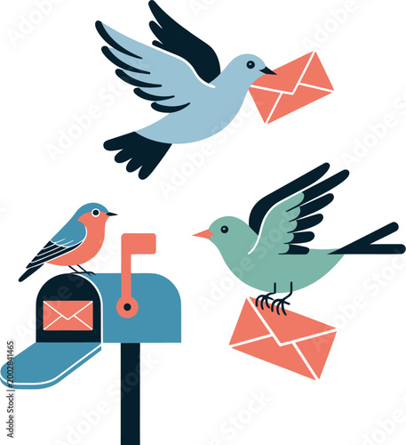 Birds delivering mail and messages illustration with delivery envelope communication illustration transport connection correspondence recipient