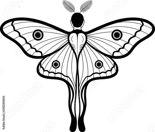 Stylized humanoid butterfly illustration with black and white fine art butterfly humanoid silhouette illustration stylized creature abstract