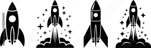 Collection of four rocket ship icons launching with stylized exhaust and stars outer space blast off spaceship illustration silhouette transport