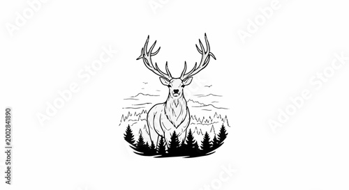Majestic stag with large antlers stands proudly in a forest landscape