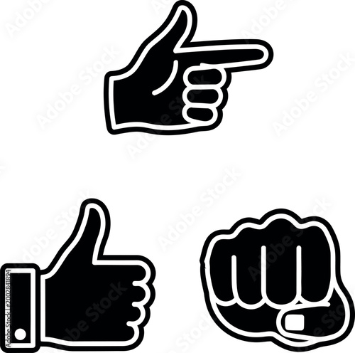 Three hand gesture icons: pointing finger thumbs up a clenched fist representing communication and action with thumbs up body part pointing thumbs