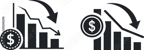 Two financial graph icons showing a steep downward trend with dollar coins stock market bar chart money bag downward decrease business statistics