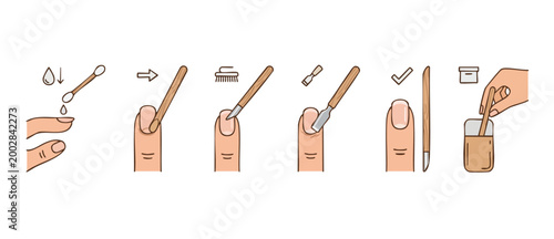 Manicure step by step process with wooden cuticle stick and tools, infographic guide for professional nail care, beauty salon procedure, isolated vector illustration showing cuticle removal routine.