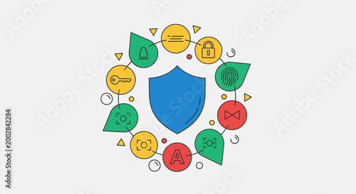 Shield surrounded by security icons symbols.
