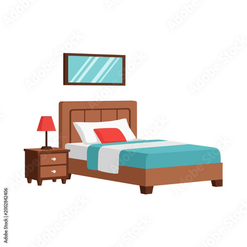 Brown Wooden Bed with Blue Blanket.