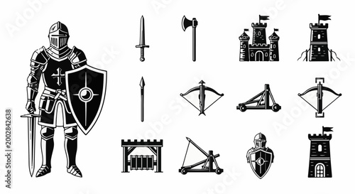 Medieval knight and siege weapons, castle, and towers