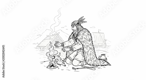 Medieval figure in fur cloak kneels by fire with animal skull and ancient settlement