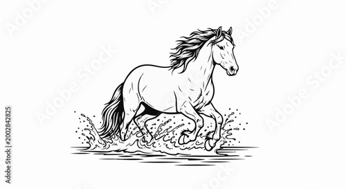 Majestic horse gallops through splashing water in a dynamic black and white illustration