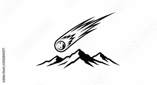 Meteor streaks across sky above jagged mountain range silhouette