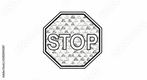 Octagonal sign with "STOP" text and a pattern of warning icons and text