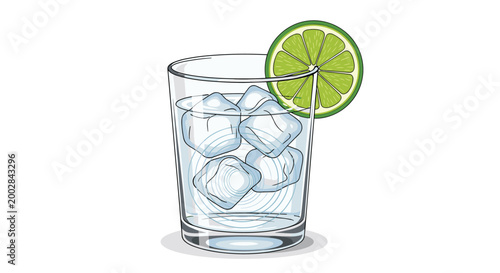 Refreshing glass of water with ice cubes and a fresh green lime slice garnish isolated on a plain white background.