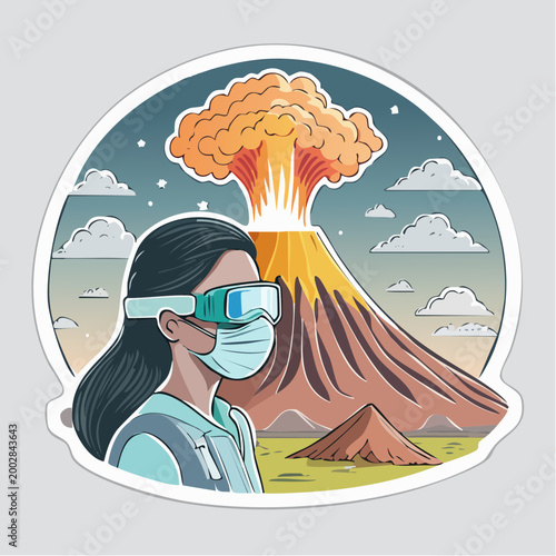Scientist in protective gear observing volcanic eruption
