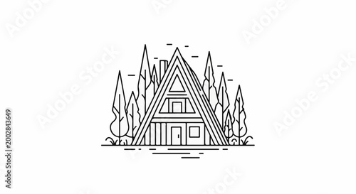 Minimalist A-frame cabin nestled among stylized trees